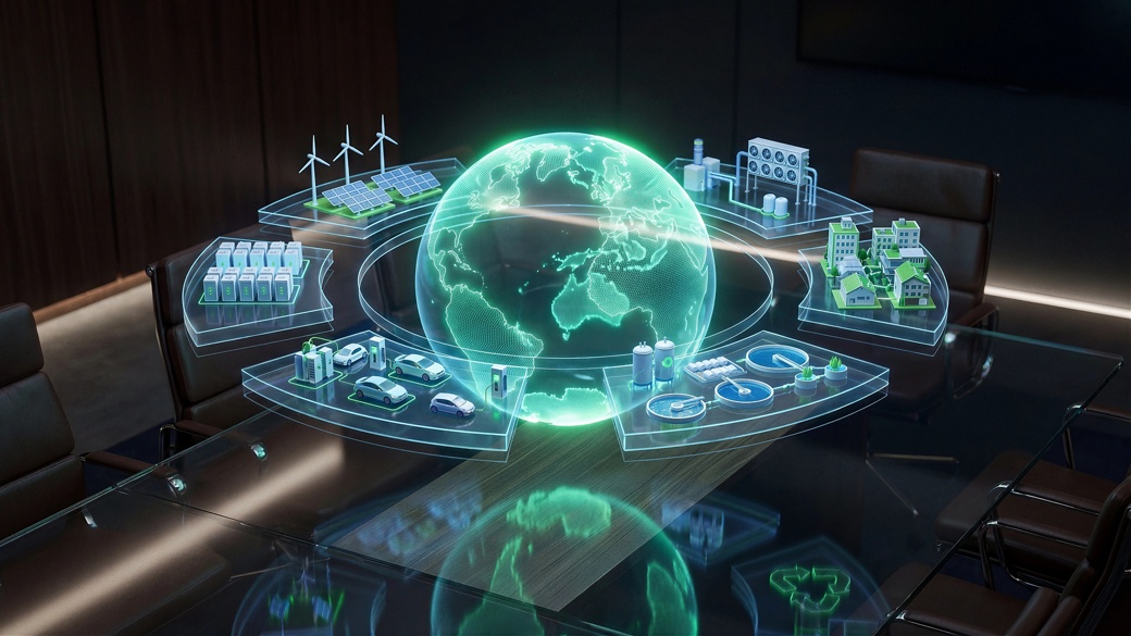 Holographic earth globe surrounded by floating platforms with renewable energy elements solar wind battery EV and green buildings on conference table sustainable ecosystem concept scene view